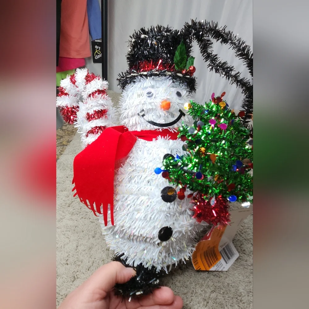 Festive Snowman Decoration with Candy Cane and Tree